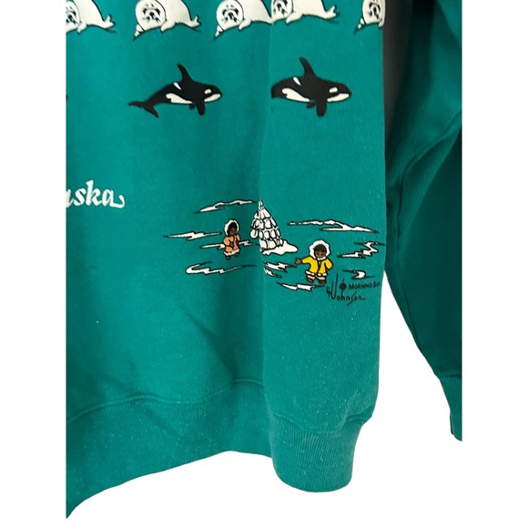 VTG Morning Sun Johnson Hanes Alaska Puffy Paint collared sweatshirt teal large - Picture 2 of 4